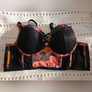Torrid Black and Orange/pink Floral Lace Bra
